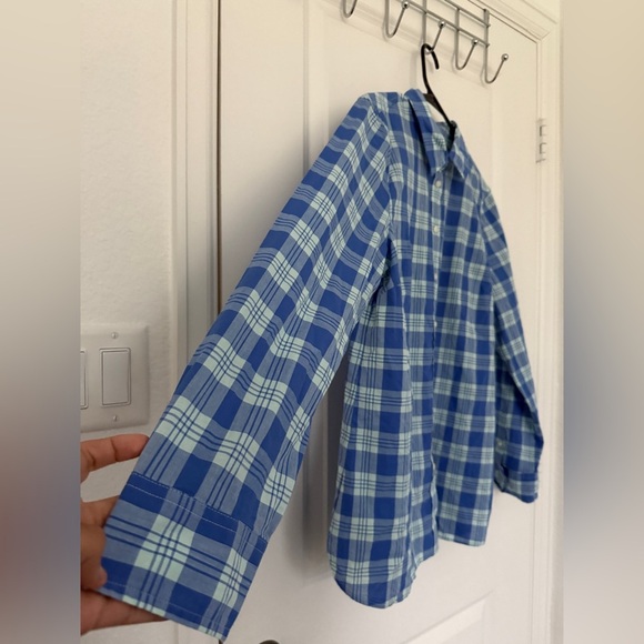 Talbots Blouse Womens Large Button Up Blue Plaid Long Sleeve Shirt 100% Cotton - Picture 4 of 6